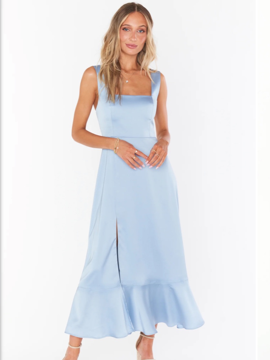 Show Me Your Mumu Claire Midi Dress In Steel Blue Luxe Satin